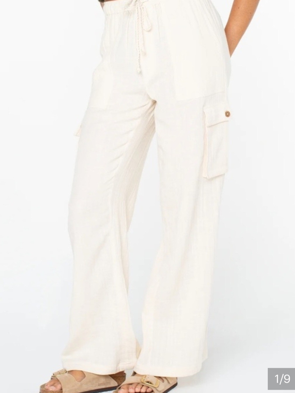 Roxy (Women's L) Cream Colored Gauzy Muslin Cotton Wide-Leg Cargo Pull-on Pants